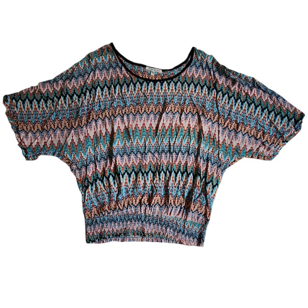 Black Rainn Pink Blue Teal Black White Cream Multi Color Abstract Print Top Sz M